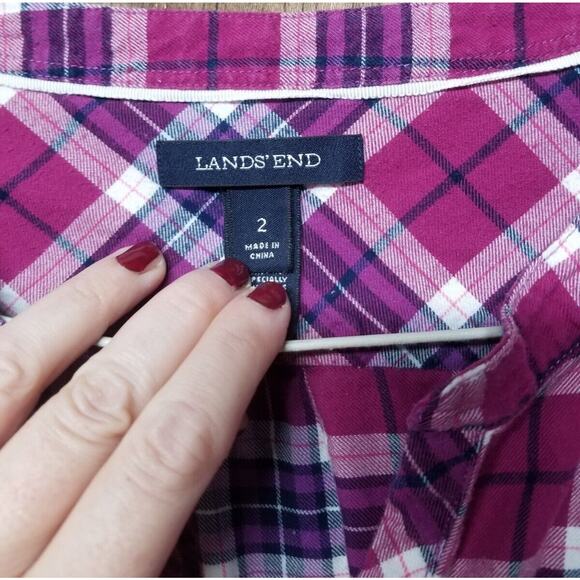 Lands' End Wmns Sz 2 Purple Plaid Long Sleeve Flannel Pullover Cotton Tunic Top - Picture 4 of 9